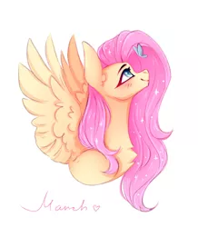 Size: 1280x1465 | Tagged: safe, artist:adele-blooming-art, derpibooru import, fluttershy, butterfly, insect, pegasus, pony, blushing, bust, chest fluff, female, image, jpeg, looking up, mare, simple background, smiling, solo, spread wings, white background, wings