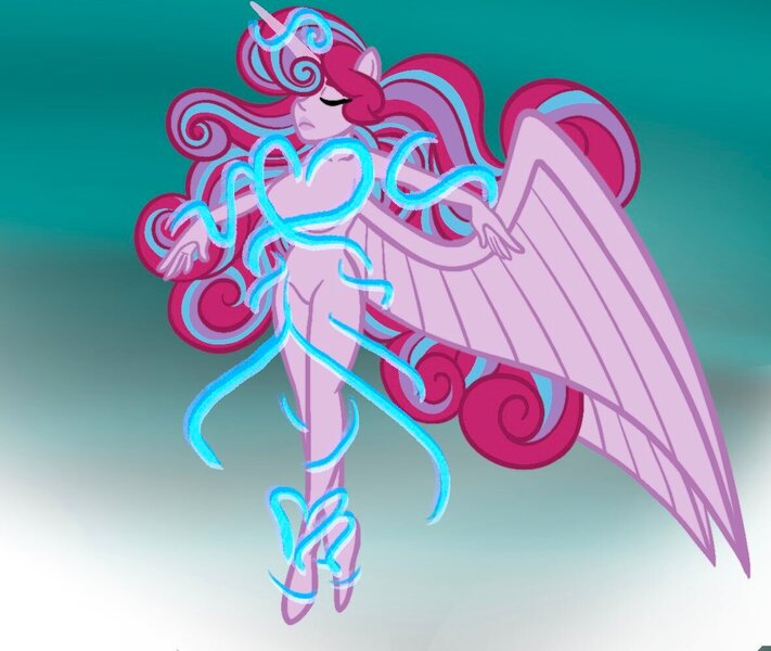Size: 1181x996 | Tagged: questionable, artist:chelseawest, derpibooru import, oc, oc:mi amore ruby heart, human, equestria girls, ascension, breasts, goddess, horn, image, jpeg, magic, nudity, offspring, offspring's offspring, parent:oc:glimmering shield, parent:oc:mi amore rose heart, parents:oc x oc, petalverse, ponied up, solo, wings