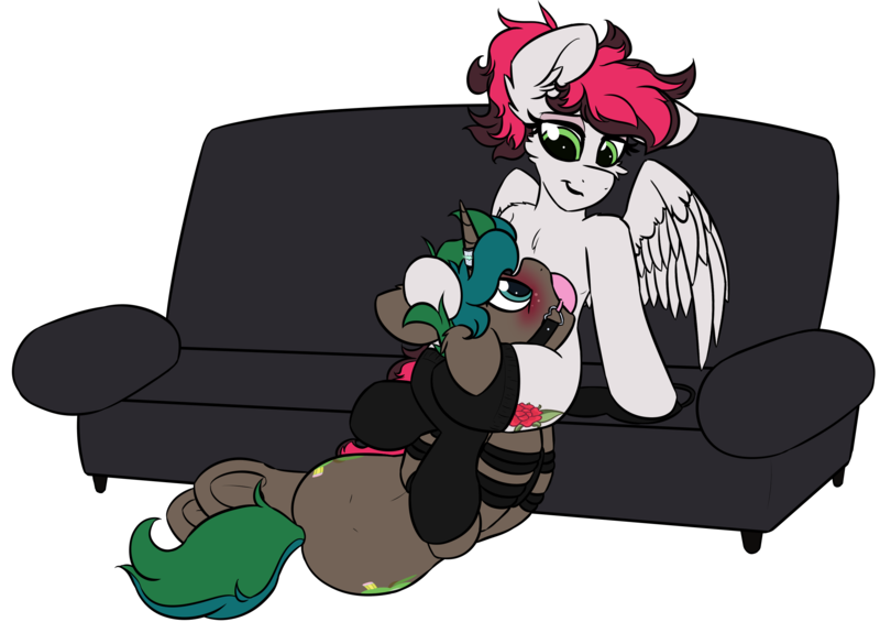 Size: 2580x1821 | Tagged: questionable, artist:k-kopp, derpibooru import, oc, oc:kopp, oc:siren, unofficial characters only, pegasus, unicorn, ballgag, blushing, bondage, clothes, couch, female, femdom, gag, horn, horn ring, image, jewelry, png, ring, rope, rope bondage, simple background, socks, transparent background