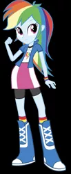 Size: 662x1608 | Tagged: safe, rainbow dash, equestria girls, boots, bracelet, clothes, cutie mark, cutie mark on clothes, high heel boots, image, jewelry, jpeg, shirt, shoes, simple background, skirt, socks, solo, transparent background, vest