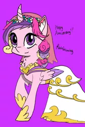 Size: 858x1279 | Tagged: safe, artist:rainbowwing, derpibooru import, princess cadance, alicorn, pony, canterlot wedding 10th anniversary, clothes, dress, ear fluff, female, floral head wreath, flower, folded wings, heart eyes, hoof shoes, image, looking at you, mare, png, purple background, raised hoof, signature, simple background, smiling, smiling at you, solo, wedding dress, wingding eyes, wings
