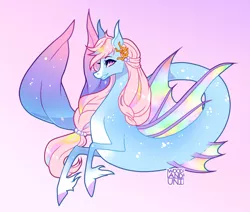 Size: 1280x1083 | Tagged: safe, artist:woodlanduni, derpibooru import, oc, unofficial characters only, hybrid, merpony, pony, seapony (g4), adoptable, coral, female, fin wings, fins, fish tail, flowing mane, flowing tail, image, jewelry, jpeg, mare, necklace, pearl necklace, pink background, pink mane, purple eyes, seaponified, signature, simple background, smiling, solo, species swap, tail, teeth, unshorn fetlocks, wings