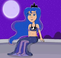 Size: 1439x1350 | Tagged: safe, artist:ocean lover, derpibooru import, princess luna, human, balcony, barefoot, beautiful, belly button, blue eyes, blue eyeshadow, blue hair, blue lipstick, clothes, crown, dress, ethereal mane, eyelashes, eyeshadow, feet, female, flowing hair, glow, hill, human coloration, humanized, image, jewelry, lidded eyes, lipstick, looking at you, makeup, midriff, moon, mountain, night, outdoors, png, pretty, regalia, sexy, shiny skin, sitting, sky, smiling, smiling at you, solo, solo female, sparkles, starry mane, starry night, stars
