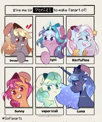 Size: 1715x2048 | Tagged: safe, artist:yun_nhee, derpibooru import, derpy hooves, kerfuffle, princess luna, starlight glimmer, sunny starscout, vapor trail, alicorn, earth pony, pegasus, pony, unicorn, six fanarts, g5, image, jpeg, looking at you, one eye closed, open mouth, open smile, smiling, smiling at you, wink