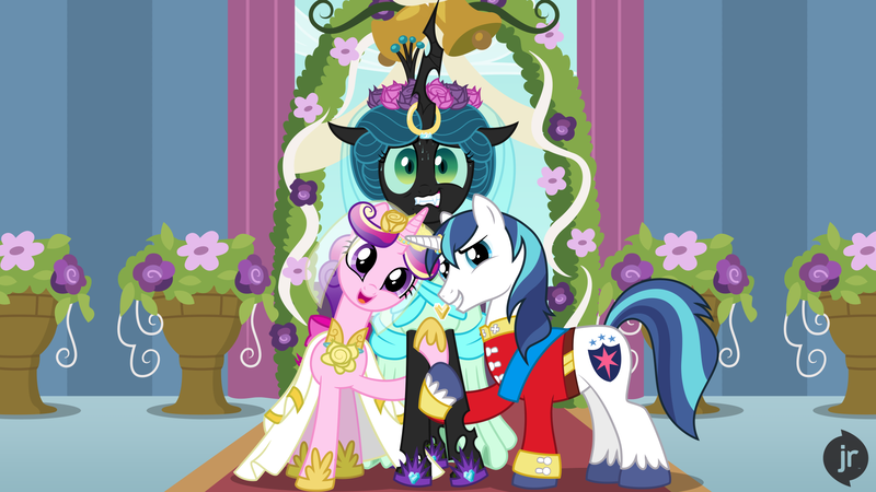 Size: 1920x1080 | Tagged: safe, artist:niggerfaggot, derpibooru import, princess cadance, queen chrysalis, shining armor, alicorn, changeling, changeling queen, unicorn, alternate hairstyle, alternate universe, bell, bisexual, canterlot castle, canterlot wedding 10th anniversary, clothes, dress, fangs, female, floral head wreath, flower, flower in hair, grin, holding hooves, hug, image, jewelry, marriage, nervous, nervous grin, nervous sweat, photo, png, polyamory, polygamy, ring, shining armor gets all the mares, show accurate, smiling, story included, sweat, uniform, vase, wedding, wedding dress, wedding ring, wedding veil