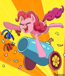 Size: 1024x1200 | Tagged: safe, artist:yukkuri_yu_yu, derpibooru import, pinkie pie, earth pony, pony, eyes closed, female, image, jpeg, mare, open mouth, party cannon, solo