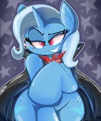 Size: 1000x1198 | Tagged: safe, artist:malachimoet, derpibooru import, trixie, pony, unicorn, magic duel, alicorn amulet, blushing, cape, clothes, cute, diatrixes, evil, evil grin, evil trixie, grin, heart eyes, hoof in air, image, looking at you, png, raised hoof, smiling, smug, solo, sombra eyes, starry background, wingding eyes