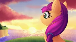 Size: 3840x2160 | Tagged: safe, artist:littleblackraencloud, derpibooru import, sunny starscout, earth pony, pony, g5, image, jpeg, ocean, solo, sunrise, water