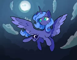 Size: 1482x1156 | Tagged: safe, artist:xekiida, derpibooru import, princess luna, alicorn, pony, cloud, flying, full moon, image, looking back, moon, open mouth, png, s1 luna, solo, spread wings, wings