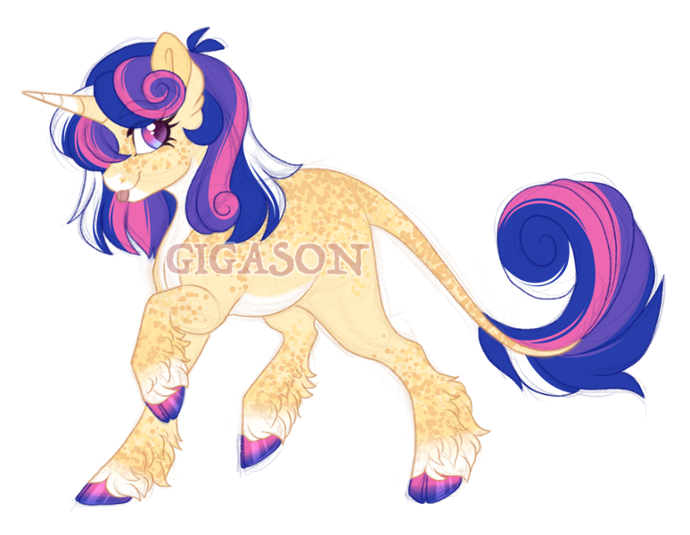 Size: 3200x2482 | Tagged: safe, artist:gigason, derpibooru import, oc, oc:cosmic joy, pony, unicorn, cloven hooves, female, image, mare, obtrusive watermark, offspring, parent:lemon hearts, parent:shining armor, png, simple background, solo, tongue out, transparent background, watermark
