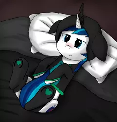 Size: 1736x1809 | Tagged: safe, artist:tetsergs, derpibooru import, shining armor, pony, unicorn, bed, blushing, canterlot wedding 10th anniversary, clothes, hug, image, lying down, pillow, png, socks, solo, tail, tail hug