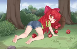 Size: 2158x1386 | Tagged: safe, artist:pestil, banned from derpibooru, edit, ponybooru import, apple bloom, human, adorabloom, all fours, apple, barefoot, basket, blushing, clothes, cute, feet, female, food, humanized, image, lolicon, looking back, outdoors, png, solo, underage
