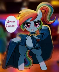 Size: 1950x2369 | Tagged: safe, artist:_ton618_, derpibooru import, rainbow dash, pegasus, pony, alternate hairstyle, belly, bipedal, clothes, exposed belly, female, gameloft interpretation, image, jpeg, lidded eyes, mare, ponytail, solo, speech bubble, talking, talking to viewer