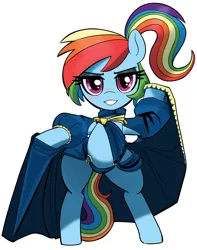 Size: 1830x2324 | Tagged: safe, artist:_ton618_, derpibooru import, rainbow dash, pegasus, pony, alternate hairstyle, belly, bipedal, clothes, exposed belly, female, gameloft interpretation, image, jpeg, lidded eyes, mare, ponytail, simple background, speech bubble, talking, talking to viewer, white background
