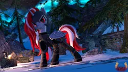 Size: 3840x2160 | Tagged: safe, artist:loveslove, derpibooru import, oc, oc:lovers, unofficial characters only, bat pony, bat pony unicorn, dragon, hybrid, pony, unicorn, 3d, armor, bat ears, bat pony oc, bat wings, dagger, female, fence, food, helmet, high res, horn, image, lantern, looking at you, night, night sky, outdoors, png, raised hoof, sky, skyrim, smiling, smiling at you, snow, solo, source filmmaker, stars, sweet roll, tail, the elder scrolls, tree, wagon, weapon, wings