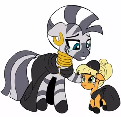 Size: 1357x1302 | Tagged: safe, artist:_ton618_, derpibooru import, applejack, zecora, earth pony, pony, zebra, alternate universe, clothes, crying, ear piercing, earring, female, filly, filly applejack, floppy ears, foal, freckles, head pat, image, jewelry, jpeg, mare, neck rings, pat, piercing, simple background, white background, younger