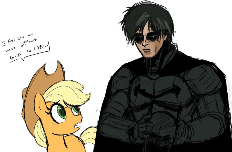 Size: 2135x1399 | Tagged: safe, artist:_ton618_, derpibooru import, applejack, earth pony, human, pony, applejack's hat, batman, bruce wayne, cowboy hat, dc comics, dialogue, female, hat, image, jpeg, mare, mask, robert pattinson, simple background, talking, the batman, white background