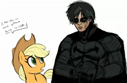 Size: 2135x1399 | Tagged: safe, artist:_ton618_, derpibooru import, applejack, earth pony, human, pony, applejack's hat, batman, bruce wayne, cowboy hat, dc comics, dialogue, female, hat, image, jpeg, mare, mask, robert pattinson, simple background, talking, the batman, white background