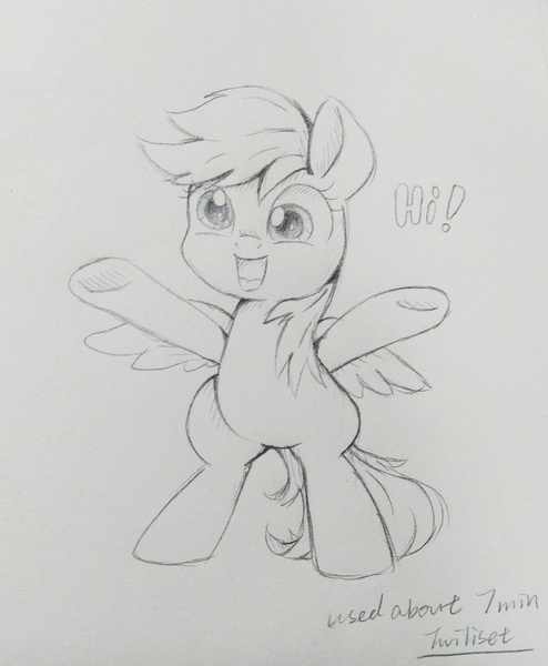 Size: 2646x3216 | Tagged: safe, artist:twiliset, derpibooru import, derpy hooves, pegasus, pony, simple ways, happy, image, jpeg, pencil drawing, simple background, spread wings, standing, traditional art, wings