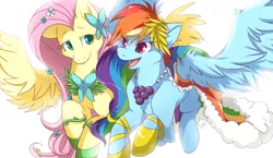 Size: 960x557 | Tagged: dead source, safe, artist:mr-tiaa, derpibooru import, fluttershy, rainbow dash, pegasus, pony, clothes, dress, duo, female, flower, flower in hair, flying, gala dress, image, jpeg, mare, open mouth, side by side, simple background, smiling, spread wings, white background, wings