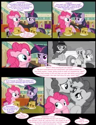 Size: 1042x1358 | Tagged: safe, artist:dendoctor, derpibooru import, mean twilight sparkle, pinkie pie, twilight sparkle, twilight sparkle (alicorn), alicorn, earth pony, pony, comic:clone.., too many pinkie pies, alternate universe, clone, clothes, comic, crying, diner, female, flashback, food, fork, glow, glowing horn, horn, image, jpeg, magic, monochrome, pancakes, park bench, pepper, pinkie clone, plate, salt, taffy, telekinesis, tree