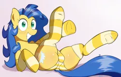 Size: 2669x1700 | Tagged: suggestive, artist:sspore, derpibooru import, oc, oc:milky way, unofficial characters only, earth pony, clothes, freckles, image, large butt, panties, png, socks, solo, striped socks, striped underwear, underwear