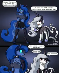 Size: 1500x1835 | Tagged: safe, artist:omny87, derpibooru import, princess luna, alicorn, anthro, hellhound, pony, annoyed, clothes, comic, dialogue, fingerless gloves, gloves, helluva boss, image, latex, latex stockings, loona (helluva boss), missing the point, namesake, png, pun, role reversal, signature, skirt, socks, species swap, speech bubble, stockings, text, thigh highs, toeless stockings, visual pun