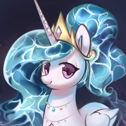 Size: 3326x3326 | Tagged: safe, artist:mirroredsea, derpibooru import, princess celestia, alicorn, pony, blue background, colored pupils, crown, cute, cutelestia, eye clipping through hair, female, flowing mane, high res, horn, image, jewelry, jpeg, lidded eyes, long horn, looking at you, mare, necklace, regalia, simple background, smiling, solo, water mane