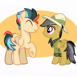 Size: 750x750 | Tagged: safe, derpibooru import, daring do, oc, oc:turbo swifter, pegasus, pony, abstract background, clothes, duo, female, hat, image, jpeg, male, mare, pegasus oc, smiling, stallion, wings