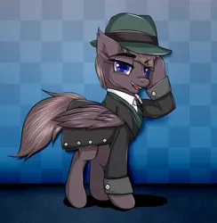 Size: 1638x1681 | Tagged: safe, artist:willymon, derpibooru import, oc, oc:jericho siren, pegasus, pony, blue eyes, clothes, fedora, gangster, gray coat, gray mane, hat, image, jpeg, looking at you, mafia, male, necktie, one winged pegasus, simple background, stallion, streets of chicolt: a totally legitimate business venture, suit, trenchcoat