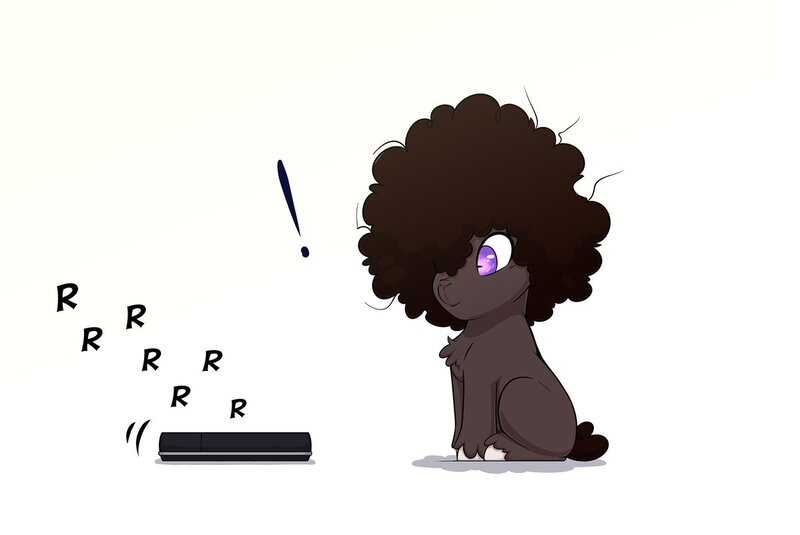 Size: 1199x802 | Tagged: safe, artist:denzel, derpibooru import, oc, oc:whitney, unofficial characters only, goat, robot, cute, exclamation point, image, interrobang, jpeg, question mark, roomba