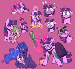 Size: 2048x1864 | Tagged: safe, artist:melodymelanchol, derpibooru import, princess luna, spike, twilight sparkle, dragon, pony, unicorn, fanfic:hard reset, baseball bat, big crown thingy, blushing, clothes, dark magic, dress, element of generosity, element of honesty, element of kindness, element of laughter, element of loyalty, element of magic, elements of harmony, fanfic art, gem, grin, happy, home run, hug, image, jewelry, jpeg, magic, pencil, regalia, scared, sinister grin, smiling, sparkles