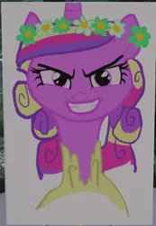 Size: 402x581 | Tagged: safe, artist:allko, derpibooru import, princess cadance, queen chrysalis, alicorn, pony, a canterlot wedding, canterlot wedding 10th anniversary, disguise, disguised changeling, floral head wreath, flower, grin, image, marriage, png, smiling, wedding