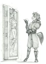 Size: 1000x1400 | Tagged: safe, artist:baron engel, derpibooru import, king sombra, twilight sparkle, anthro, unguligrade anthro, unicorn, carbonite, female, image, jpeg, male, mare, pencil drawing, stallion, star wars, star wars: the empire strikes back, story included, traditional art