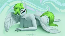 Size: 7778x4375 | Tagged: suggestive, alternate version, artist:clear vision, derpibooru import, morning dew, anthro, pegasus, unguligrade anthro, ass, bedroom eyes, breast squish, breasts, butt, butt freckles, cleavage, clothes, commission, freckles, image, lingerie, looking at you, pinup, png, smiling, thick, wallpaper