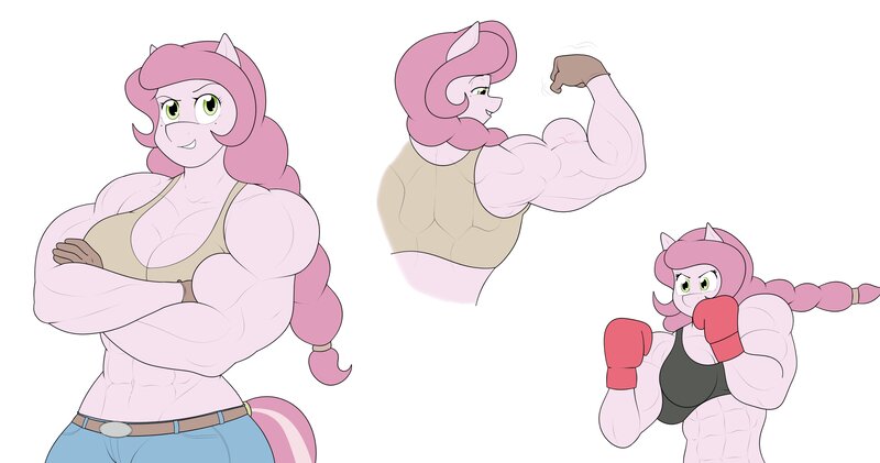 Size: 4096x2156 | Tagged: safe, artist:matchstickman, derpibooru import, oc, oc:honey suckle, unofficial characters only, anthro, earth pony, biceps, boxing, boxing gloves, breasts, clothes, female, flexing, gloves, image, jeans, jpeg, midriff, multeity, muscles, muscular female, pants, simple background, smiling, smirk, sports, sports bra