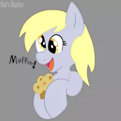 Size: 2000x2000 | Tagged: safe, artist:kaifurry, derpibooru import, derpy hooves, pegasus, pony, cute, derpabetes, derpibooru exclusive, female, food, gray background, high res, image, kaifurry is trying to murder us, muffin, open mouth, png, simple background, solo, text, that pony sure does love muffins, watermark, weapons-grade cute