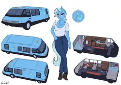 Size: 1280x905 | Tagged: safe, artist:apocheck13, derpibooru import, trixie, anthro, bed, boots, breasts, cleavage, clothes, couch, crossed legs, eyelashes, female, gmc motorhome, image, jewelry, jpeg, motorhome, necklace, pants, rv, shirt, shoes