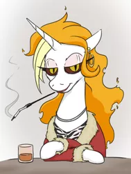 Size: 386x511 | Tagged: safe, artist:jargon scott, derpibooru import, oc, oc:dyx, alicorn, pony, alcohol, bedroom eyes, cigarette, cigarette holder, clothes, ear piercing, earring, eyeshadow, female, glass, hooped earrings, image, jacket, jewelry, lidded eyes, lipstick, looking at you, makeup, mare, mouth hold, older, older dyx, piercing, png, slit pupils, smiling, smoking, solo