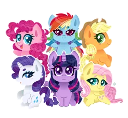 Size: 2011x1861 | Tagged: safe, artist:flyingsosser, derpibooru import, applejack, fluttershy, pinkie pie, rainbow dash, rarity, twilight sparkle, twilight sparkle (alicorn), alicorn, earth pony, pegasus, pony, unicorn, :3, :<, beanbrows, chibi, colored pupils, ear fluff, eyebrows, female, image, mane six, mare, png, simple background, transparent background