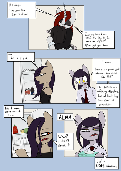 Size: 4961x7016 | Tagged: safe, artist:tenenbris, derpibooru import, oc, oc:abel masei, oc:alicia malice, oc:alma, oc:patricia sorg, zebra, comic:things change, comic, image, makeup, png, refrigerator, tissue box, zebra oc