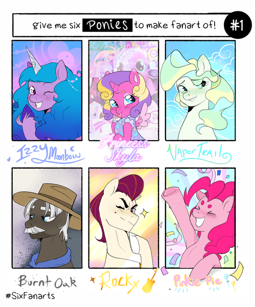 Size: 1423x1711 | Tagged: safe, artist:aztrial, derpibooru import, burnt oak, izzy moonbow, pinkie pie, princess skyla, vapor trail, alicorn, earth pony, pegasus, pony, unicorn, six fanarts, :p, confetti, facial hair, female, filly, foal, g5, image, male, mare, moustache, png, rocky (g5), stallion, tongue out, unshorn fetlocks