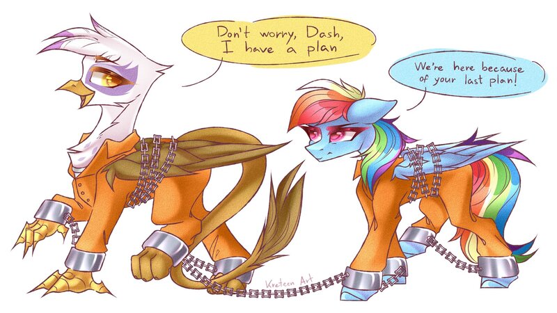 Size: 2048x1152 | Tagged: safe, artist:kreteen art, derpibooru import, gilda, rainbow dash, gryphon, pony, bound wings, chained, chains, clothes, cuffed, dialogue, image, jpeg, prison outfit, prisoner, prisoner gilda, prisoner rd, shackles, text, wings