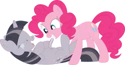 Size: 3552x1851 | Tagged: safe, artist:porygon2z, artist:wardex101, derpibooru import, edit, pinkie pie, twilight sparkle, earth pony, pony, unicorn, belly tickling, crying, discorded, discorded twilight, eyes closed, feather, image, laughing, lying down, mouth hold, on back, open mouth, png, simple background, tears of laughter, tickling, transparent background, twilight tragedy, unicorn twilight, vector