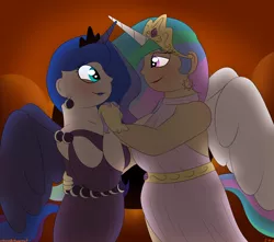 Size: 1888x1668 | Tagged: safe, artist:colorcodetheartist, derpibooru import, princess celestia, princess luna, human, crown, ear piercing, earring, eclipse, female, horn, horned humanization, humanized, image, incest, jewelry, lesbian, lipstick, looking at each other, looking at someone, piercing, png, princest, regalia, royal sisters, shipping, siblings, sisters, solar eclipse, winged humanization, wings
