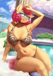 Size: 2470x3493 | Tagged: suggestive, artist:viejillox64art, derpibooru import, posey shy, anthro, pegasus, belly button, big breasts, bikini, breasts, busty posey shy, clothes, female, image, milf, png, sexy, solo, solo female, swimming pool, swimsuit, wide hips