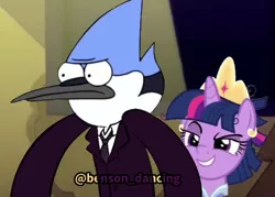 Size: 530x380 | Tagged: safe, derpibooru import, twilight sparkle, twilight sparkle (alicorn), alicorn, bird, blue jay, pony, angry, clothes, crossover, crossover shipping, crown, dress, female, frown, image, jewelry, jpeg, male, mare, messy mane, mordecai, mordetwi, necktie, regalia, regular show, shipping, smiling, straight, youtube link