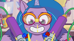 Size: 800x450 | Tagged: safe, derpibooru import, screencap, izzy moonbow, unicorn, my little pony: tell your tale, spoiler:g5, spoiler:my little pony: tell your tale, spoiler:tyts01e09, animated, g5, gif, goggles, image, safety goggles, señor butterscotch, smiling, solo, sparks, welding, working, youtube link