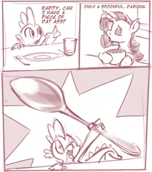 Size: 805x910 | Tagged: suggestive, artist:applepost67, derpibooru import, rarity, spike, dragon, pony, unicorn, comic, dialogue, female, image, jpeg, male, mare, meme, monochrome, ponified meme, shipping, sparity, spoon, straight