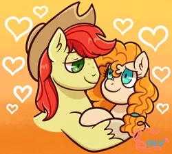 Size: 1198x1076 | Tagged: safe, artist:bowsaremyfriends, derpibooru import, bright mac, pear butter, earth pony, pony, the perfect pear, brightbutter, female, gradient background, heart, image, looking at each other, looking at someone, male, mare, png, shipping, stallion, straight